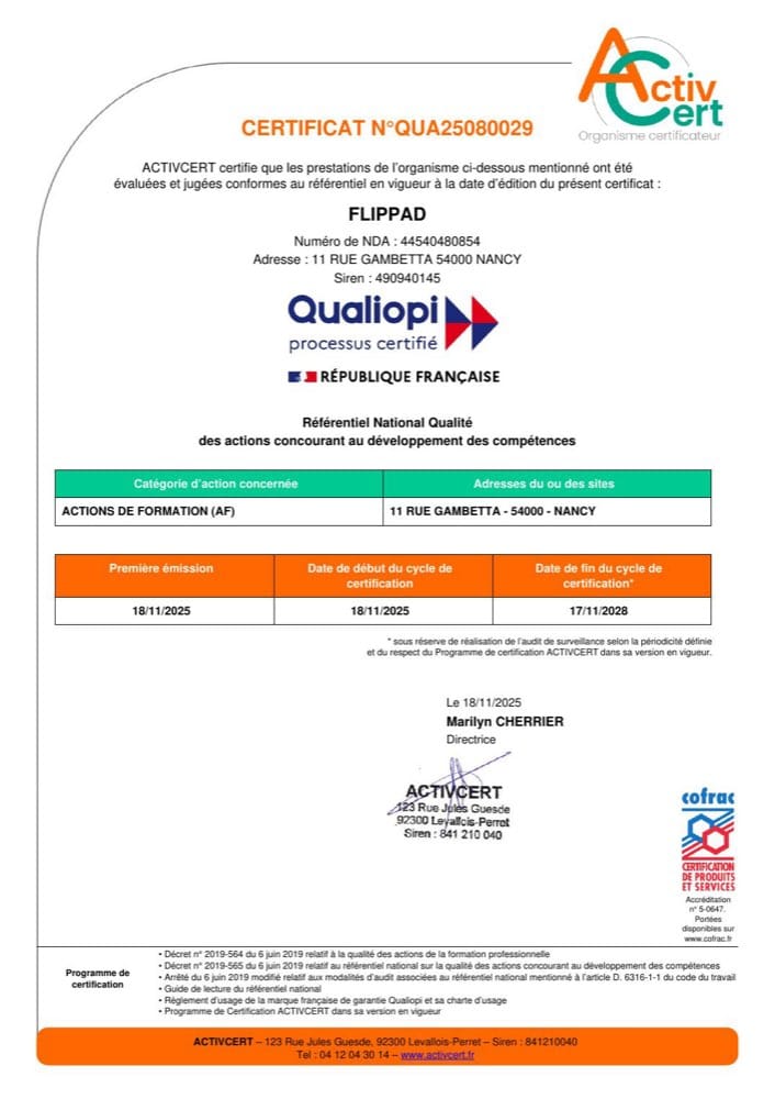 Certificat Qualiopi de Flippad